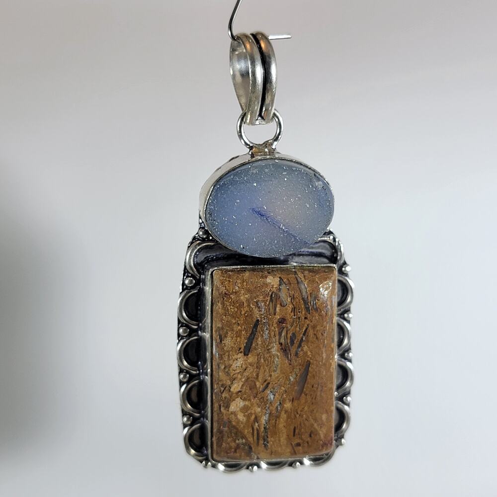 Sterling Pendant with Blue Druzy & Petrified Wood – Rustic Artisan Jewelry Gift